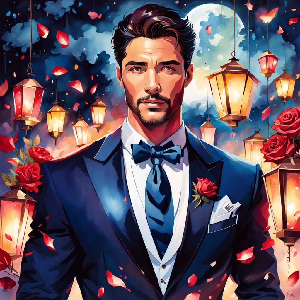 Romantic Ruby Tuxedo Illustration at Night