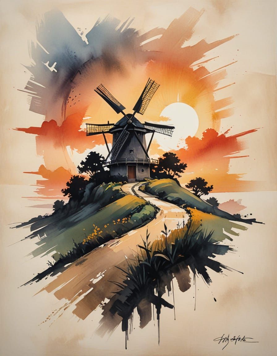 Windmill by Cottage at Sunset in Vibrant Ink Wash Style
