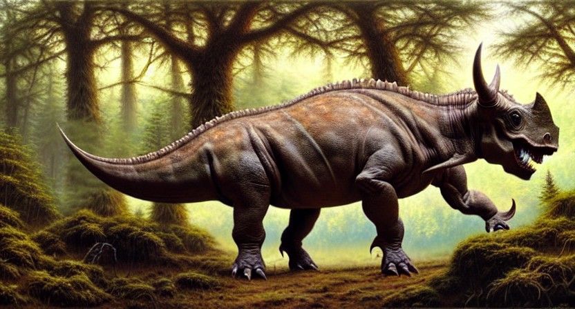 Triceratops Calling in Forest, Oil Painting