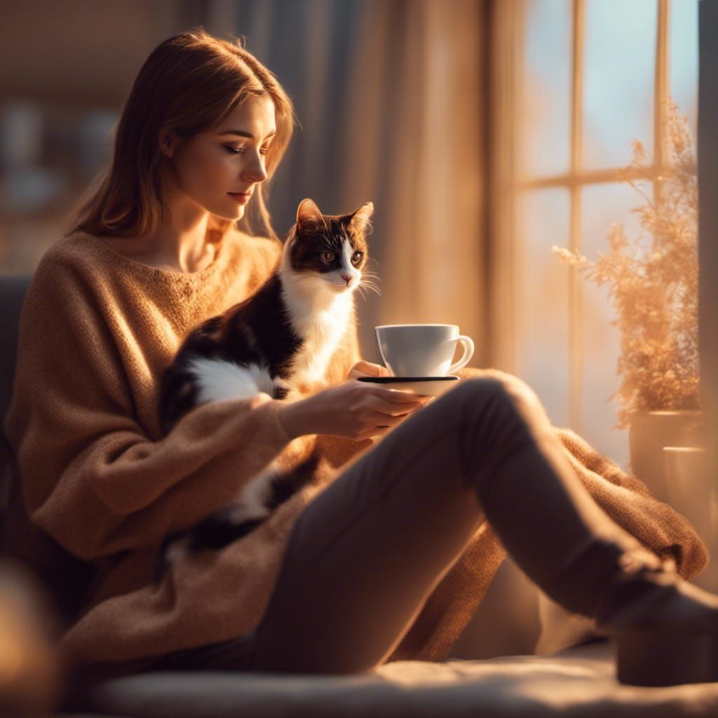 Woman with Coffee and Calico Cat in Airbrush Art