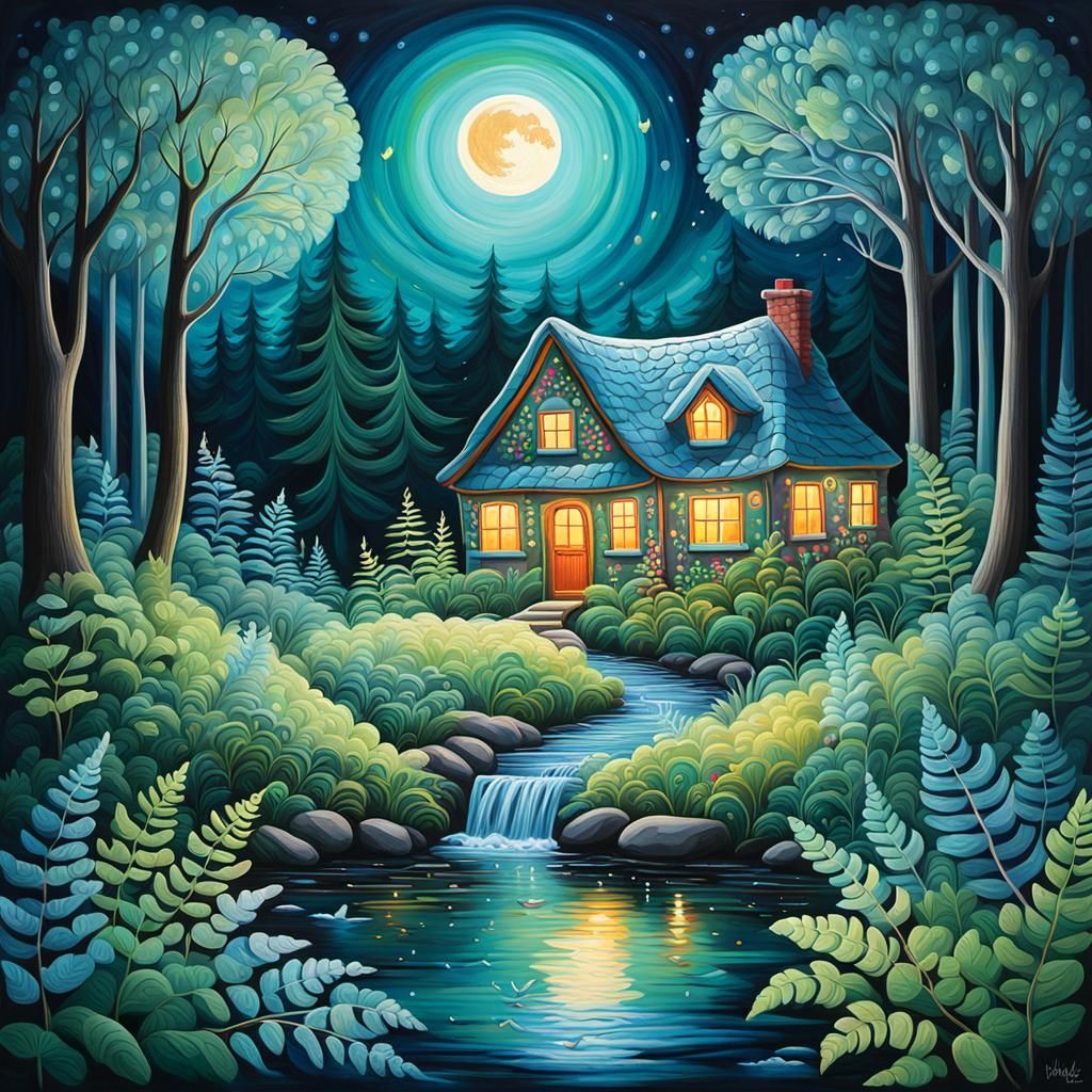 Whimsical Cottage in Naive Contemporary Folk Art