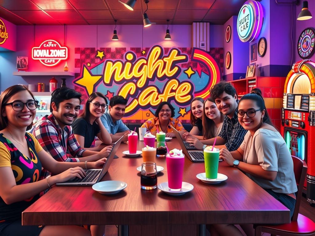 Retro 80s Cafe Scene with Friends and Laptops