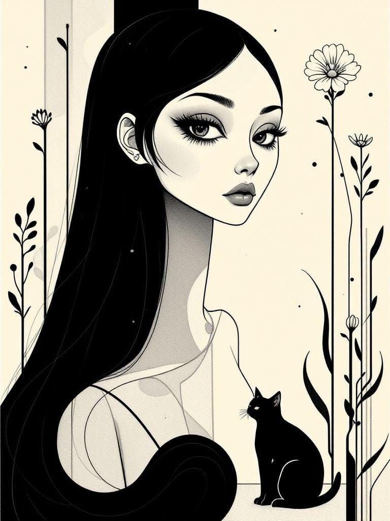 Art Nouveau Melancholy Portrait with Cat and Flowers