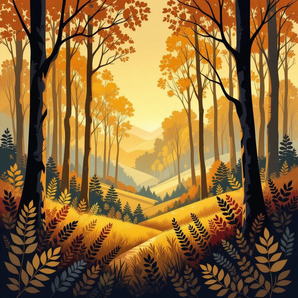 Golden Hour Forest Landscape in Matisse Style