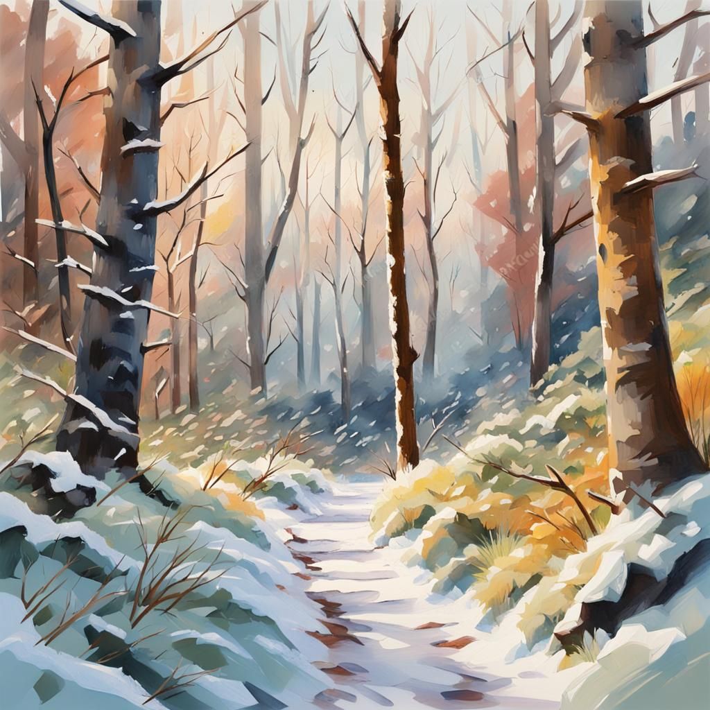 Winter Forest Trail Hiking in Gouache Style