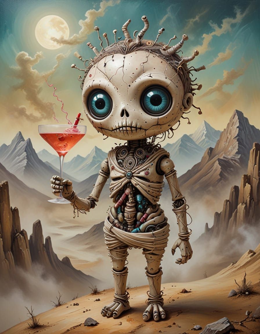 Ethereal Whimsy: Vortex Doll Sips Cocktail in Dreamlike Land...