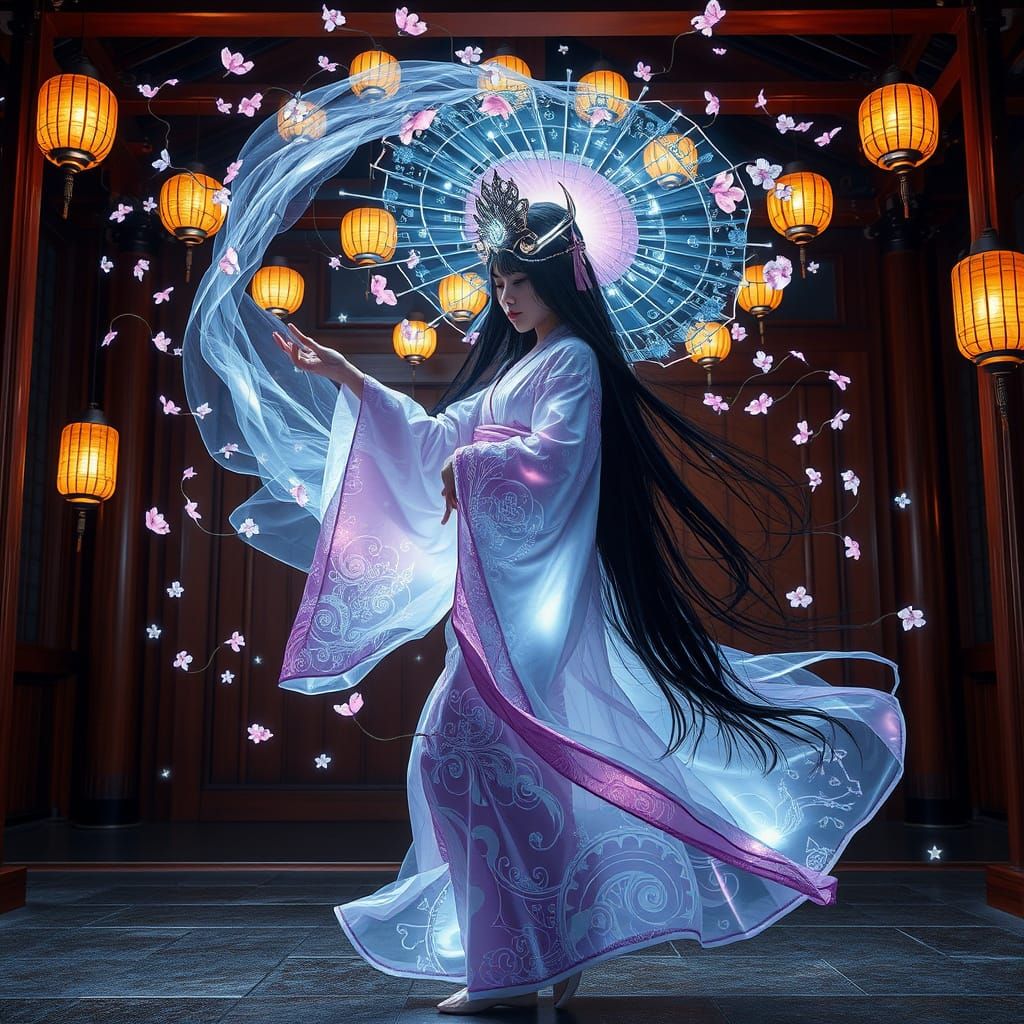Ethereal Cyber-Shrine Maiden in a Whirling Dance of Light