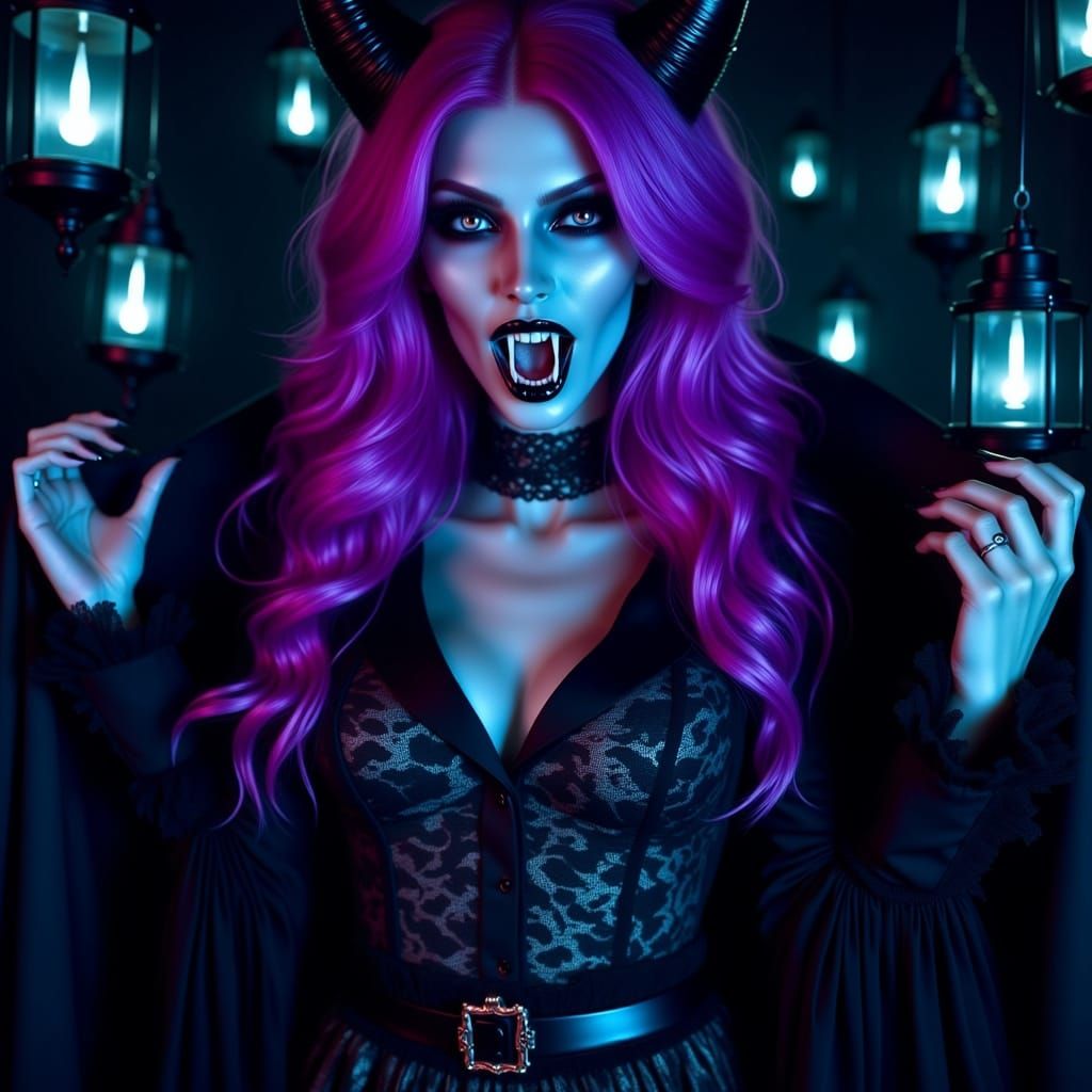 Gothic Vampire Goddess in Neon Violet Hair