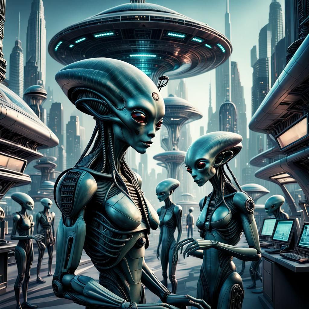 Futuristic Alien-Human Collaboration in Hyperdetailed 3D