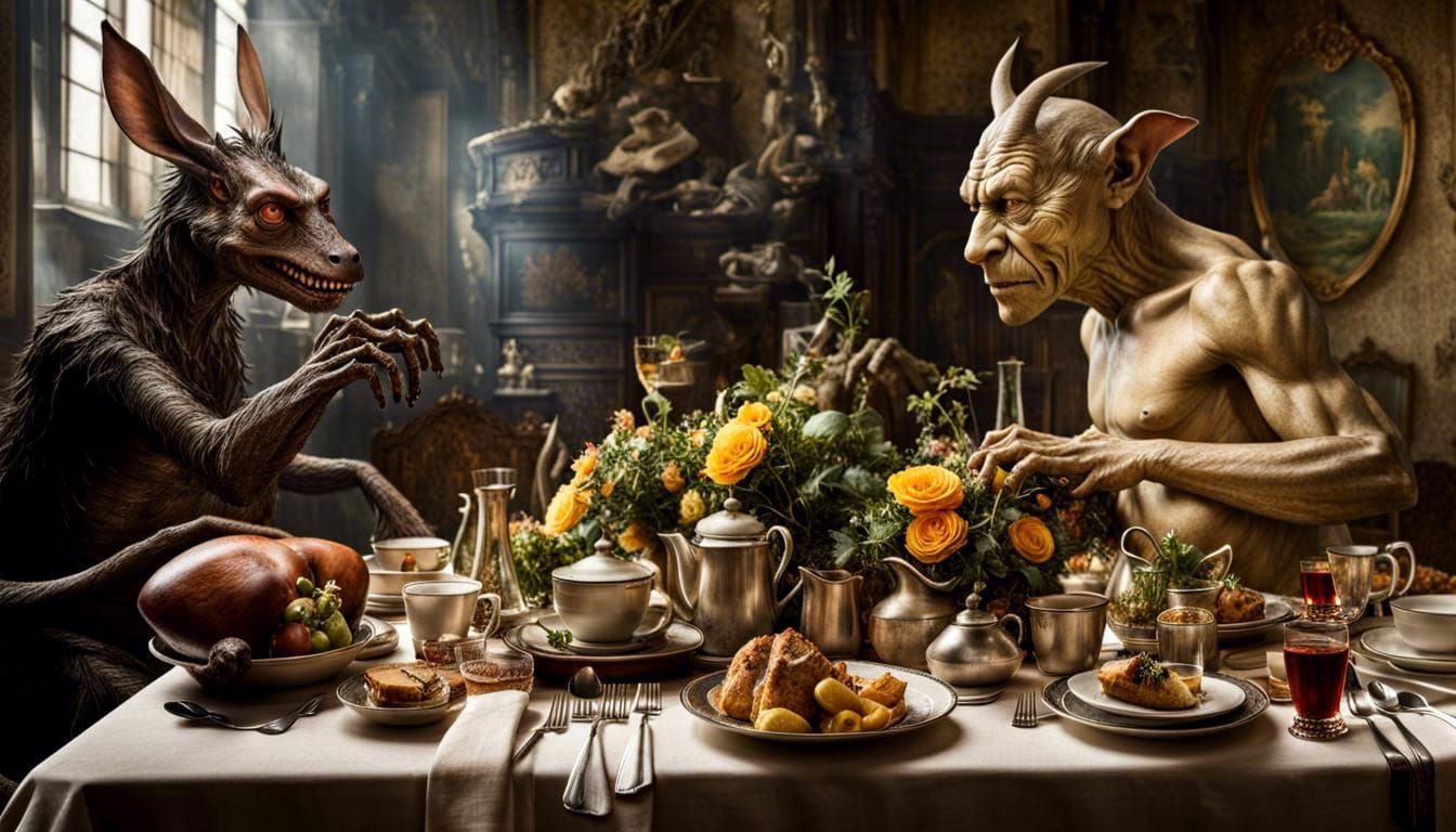 Surreal Restaurant Celebration with Bizarre Creatures
