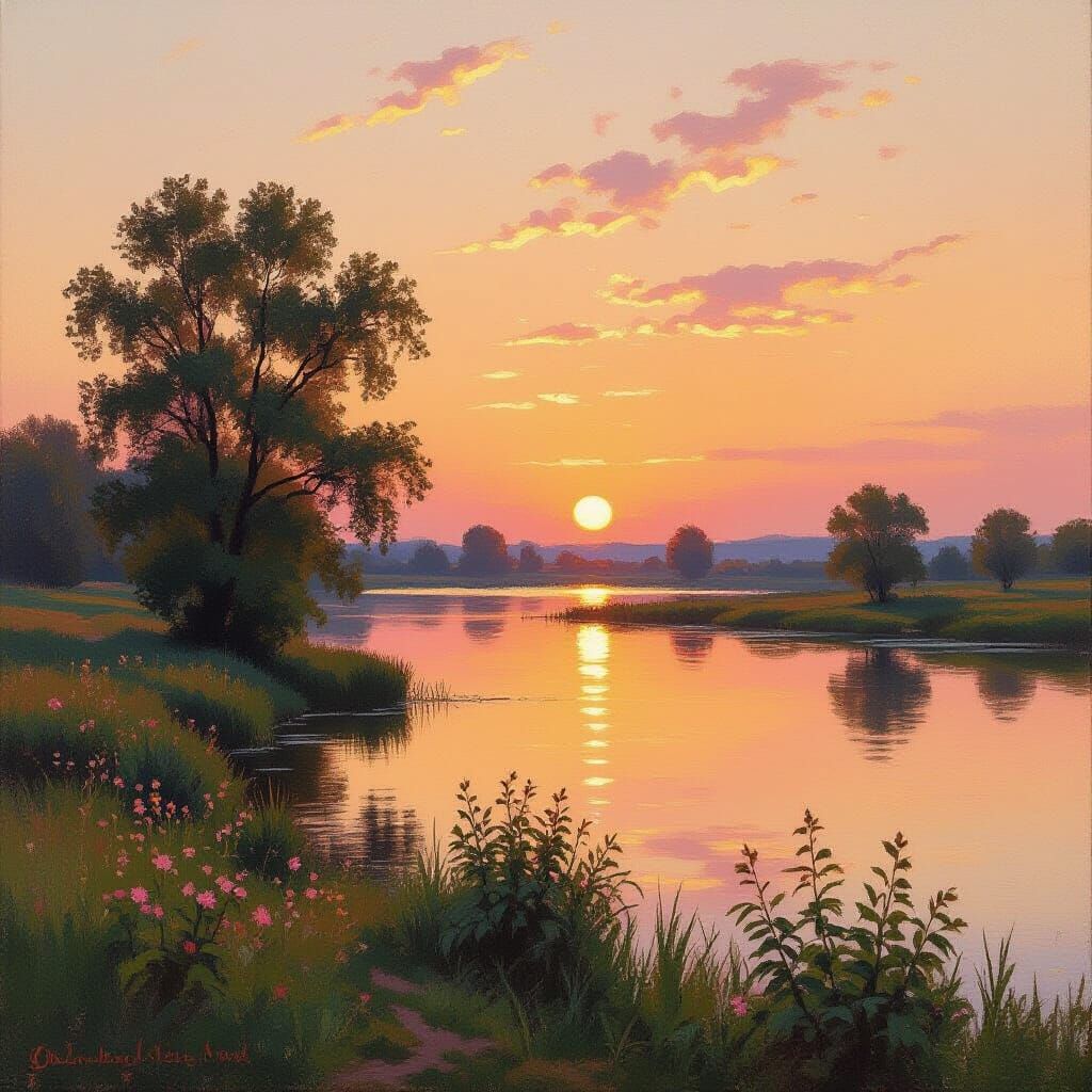 Golden Sunset Landscape in Impressionist Style