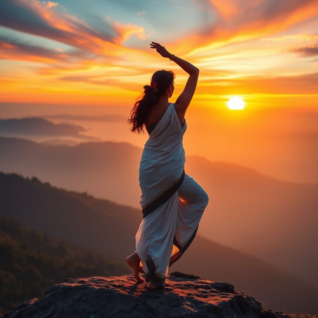 Indian Woman Yoga Sunrise, Ethereal Fantasy Art
