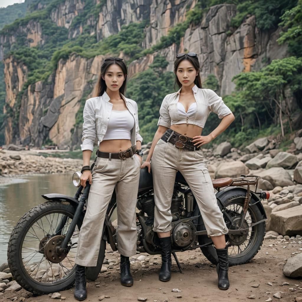 Vietnamese Woman with Steampunk Engine at Campsite