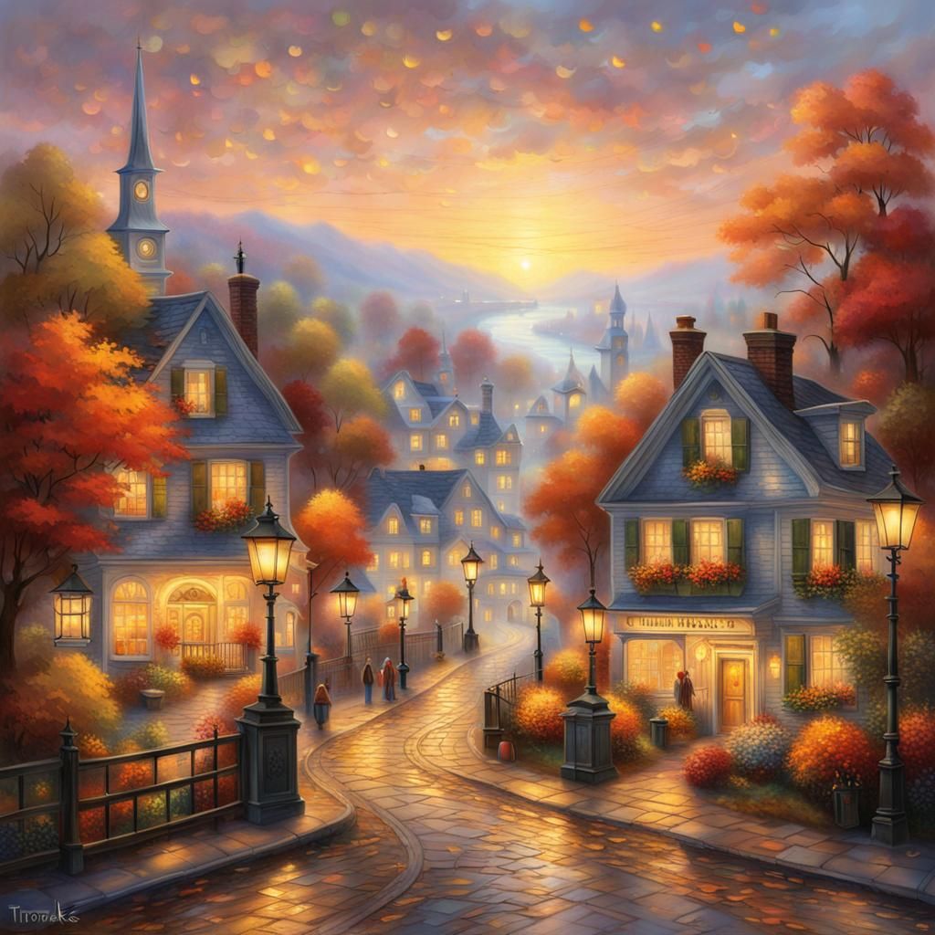 Cozy Vermont Town at Sunset in Kinkade Style