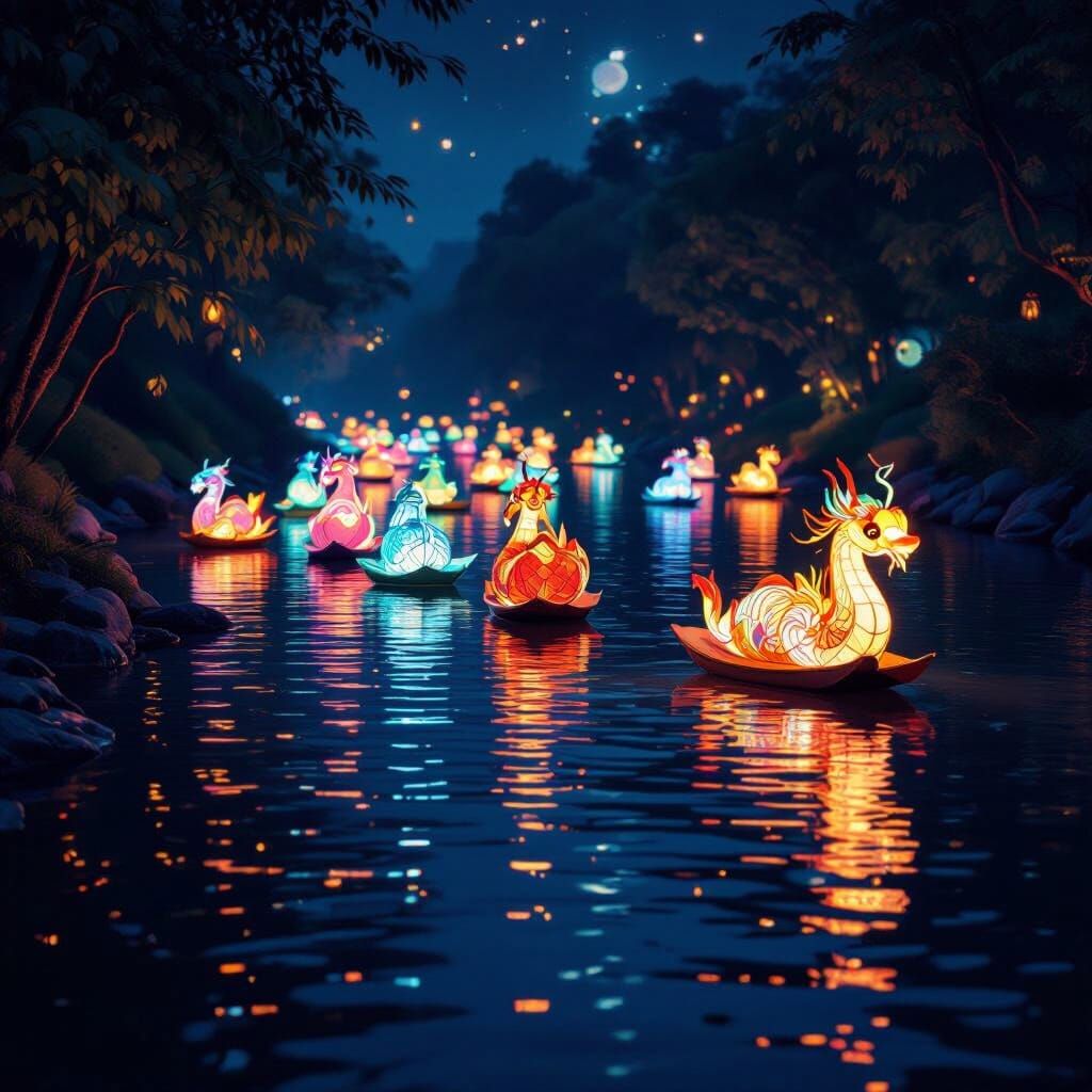 Ethereal River Scene with Floating Lanterns