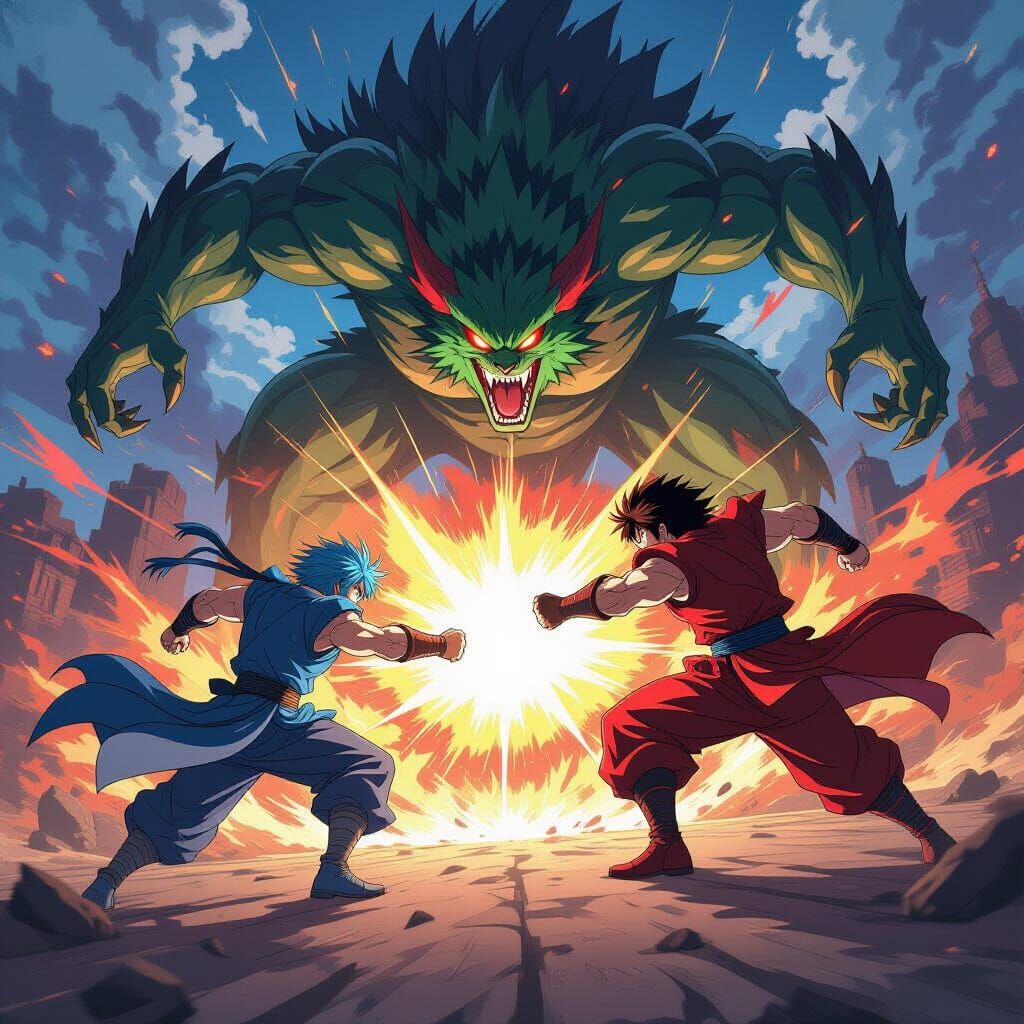 Dynamic Anime Fight Scene with Monsters & Explosions