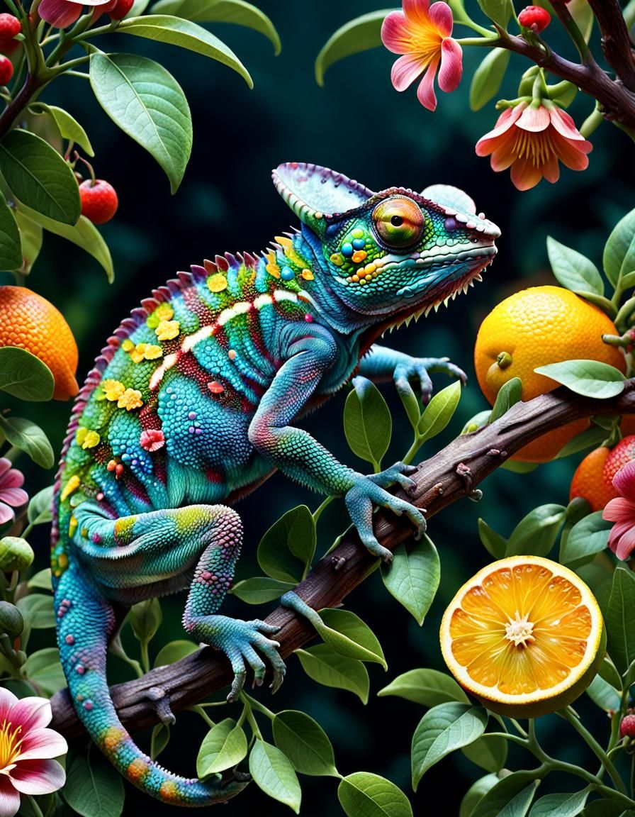 Hyperrealistic Chameleon Mimicking Garden Colors