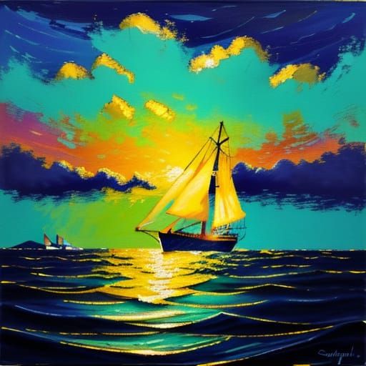 Expressionist Sailing Boats on Lake Under Moonlight