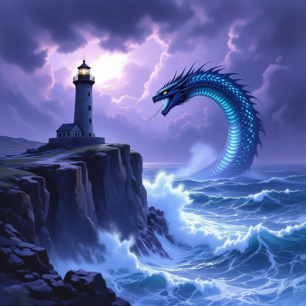 Stormy Lighthouse and Sea Serpent in Charcoal Style