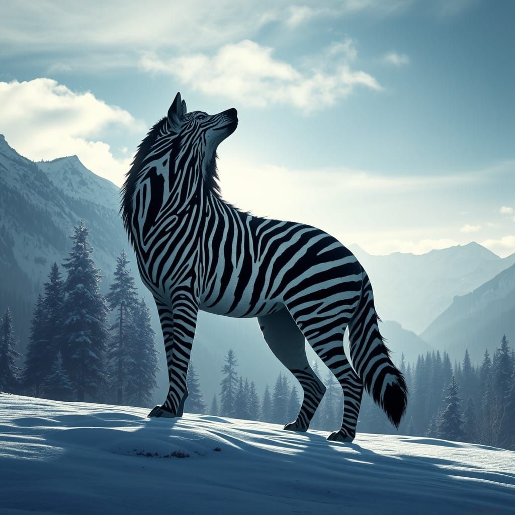 Majestic Wolf Silhouette in Zebra Fur on Snowy Terrain