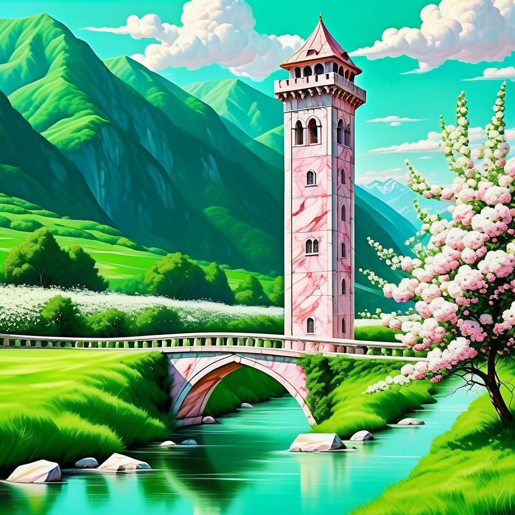 Pink Marble Tower in Hyperrealistic Landscape
