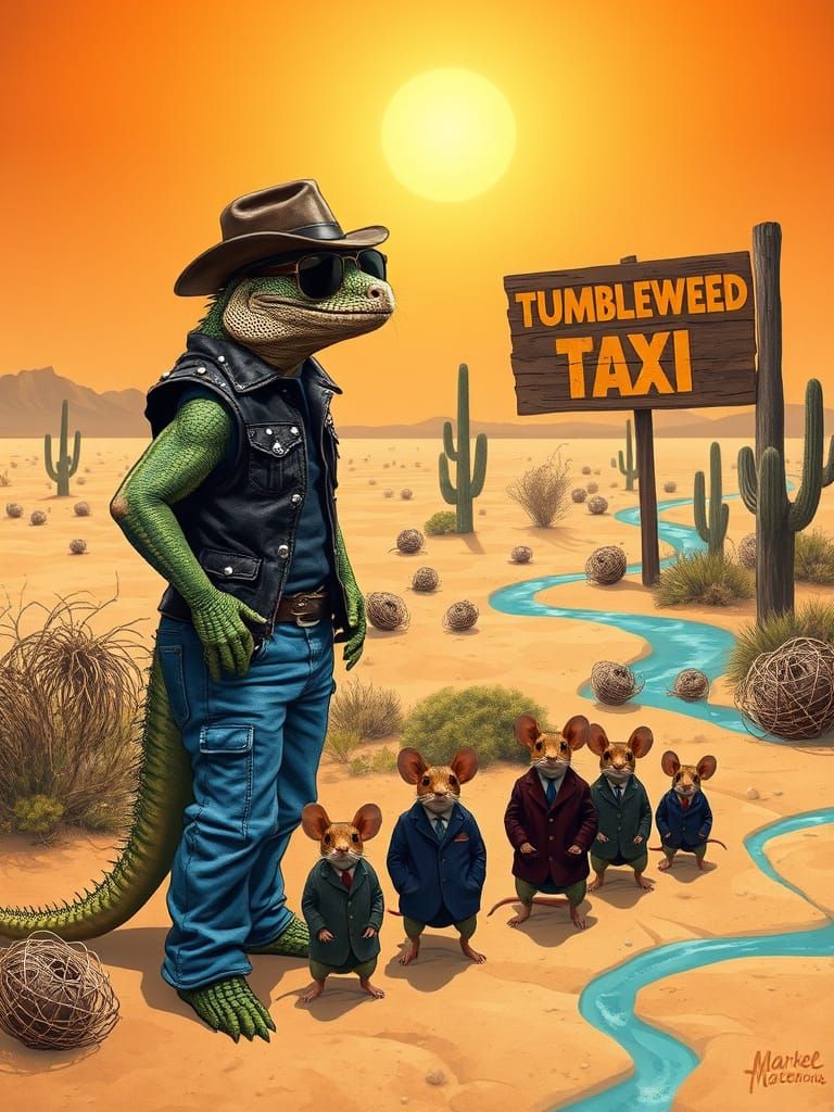 Cyberpunk Lizard Taxi Driver in Desert Landscape