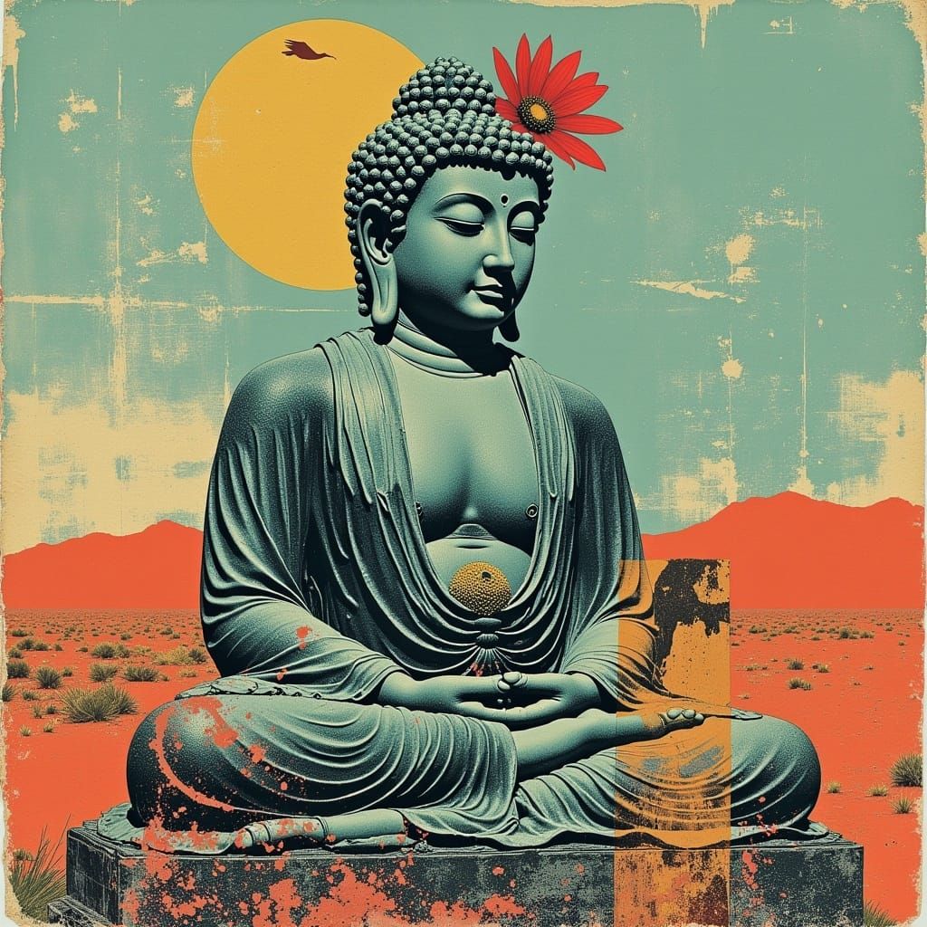 Abstract Postpunk Buddha in Cyan Desert