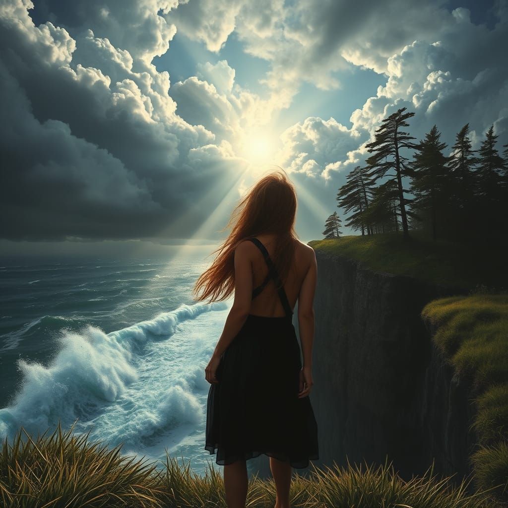 Woman on Cliff Edge in Dramatic Storm Light