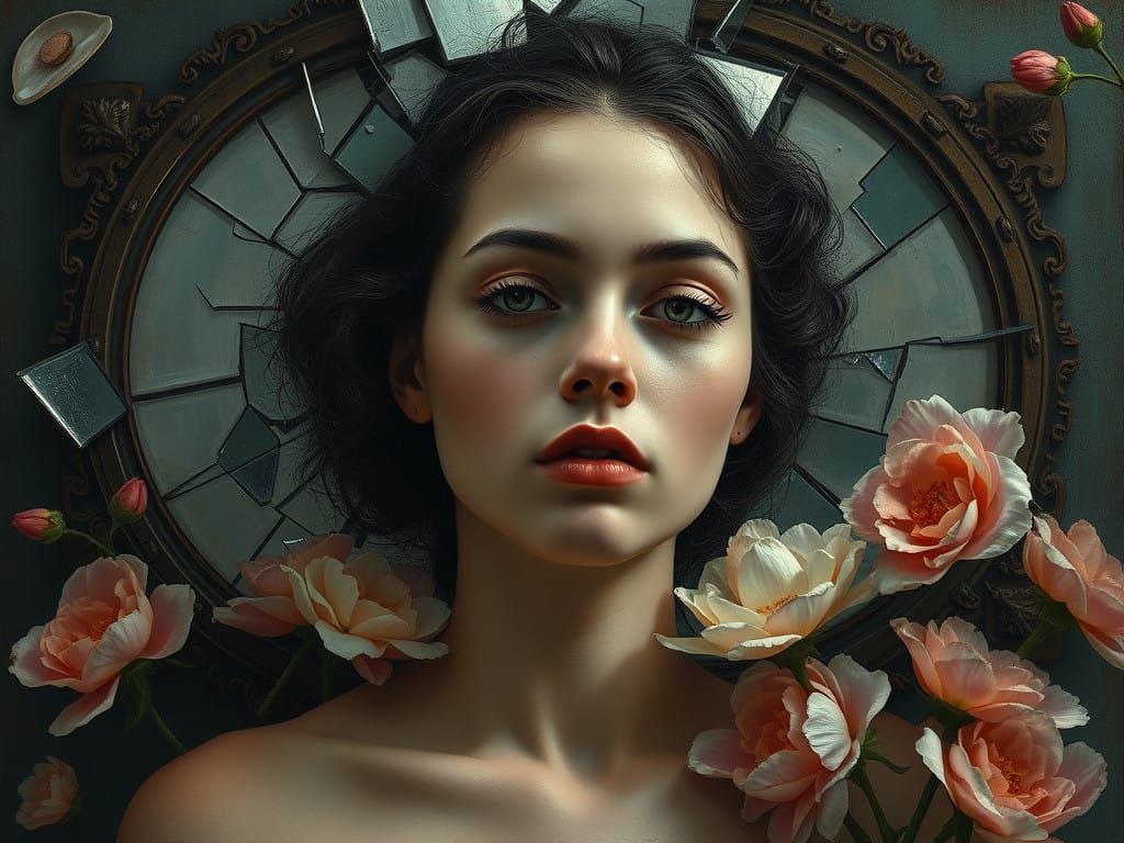 Ethereal Renaissance Woman Lost in Self-Reflection