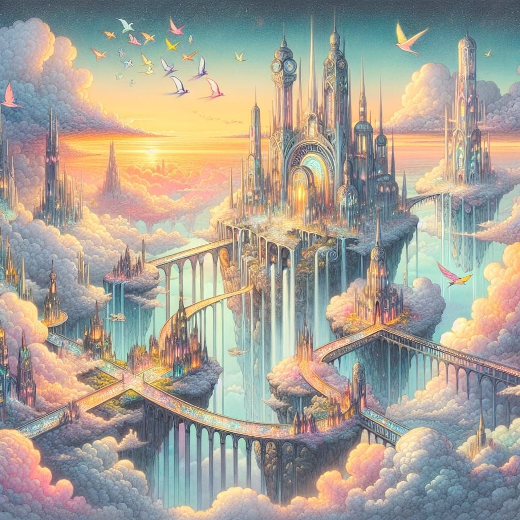 Dreamy Sky City at Sunset in Art Nouveau Style