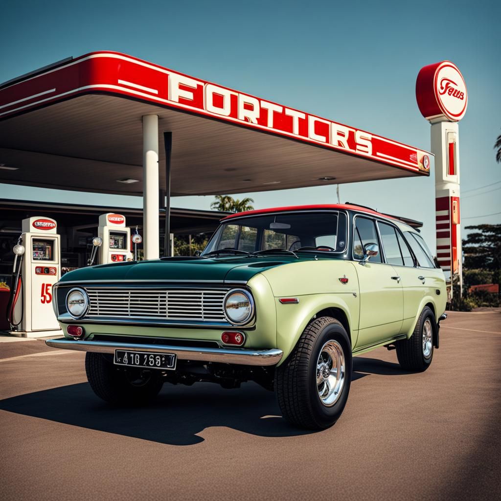 Retro Gas Station with Classic Cars