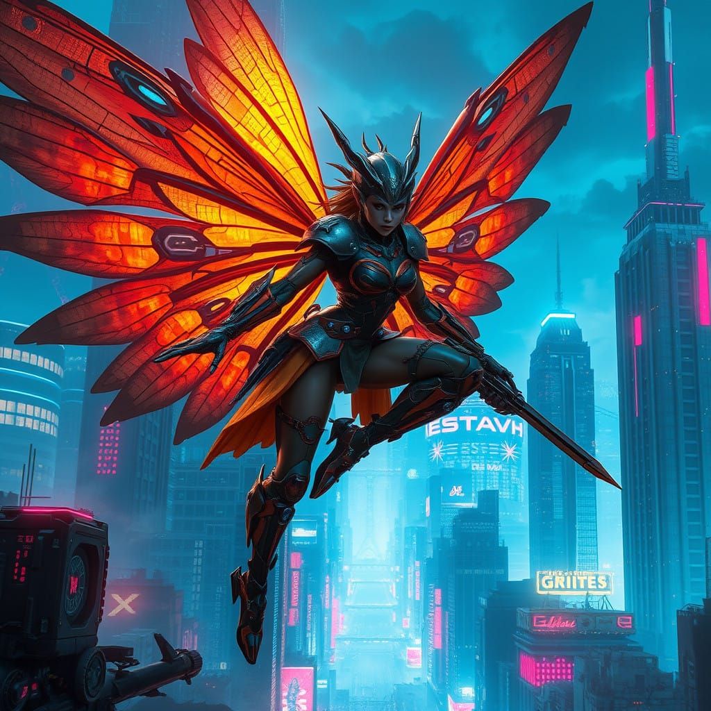 Cyberpunk Fairy Mercenary in Neon-Lit Metropolis