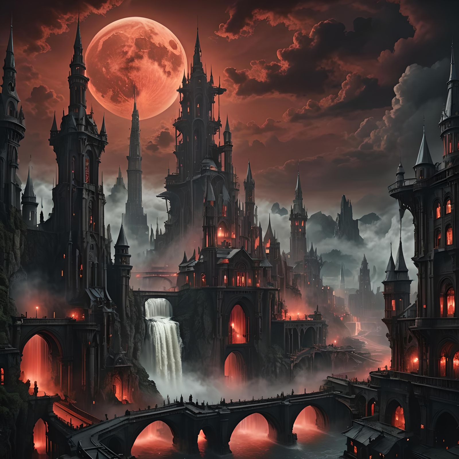 Gothic Steampunk City in Fantasy Mountain Landscape