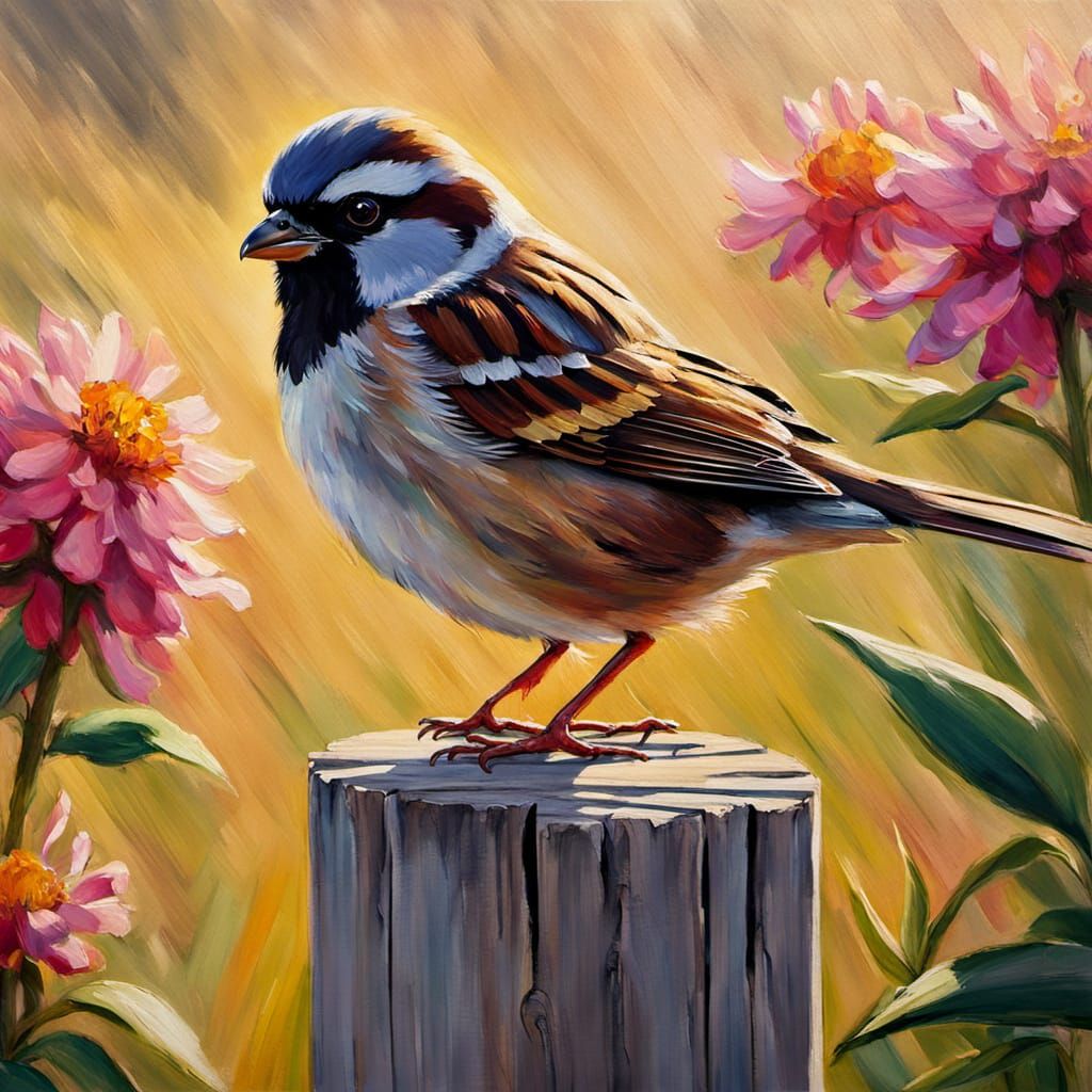 Sparrow on Wooden Pole: Impressionistic Oil Painting