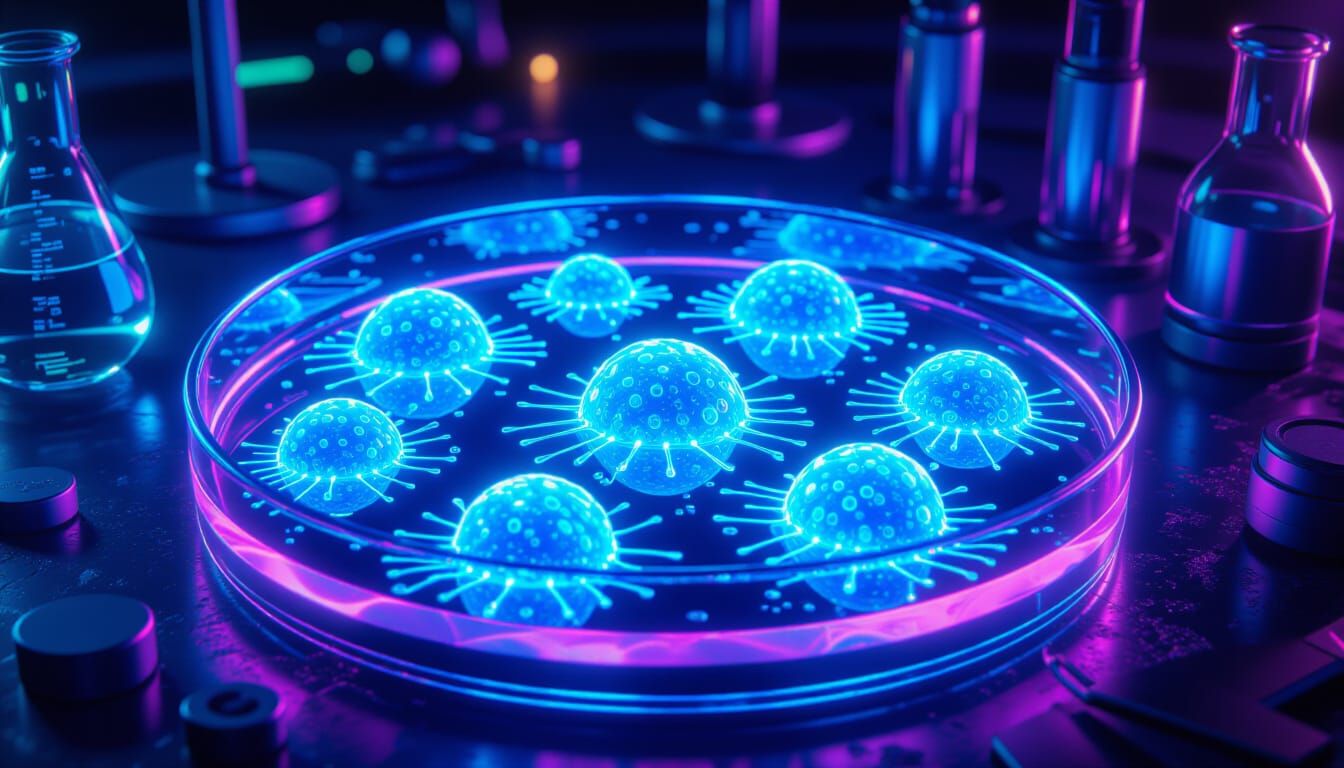Bioluminescent Microorganisms in Futuristic Petri Dish