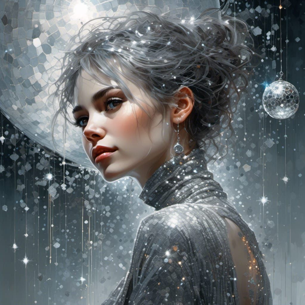 Glittering Portrait of Smiling Woman with Disco Ball