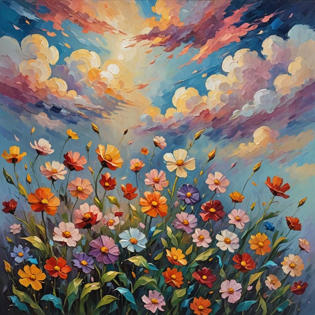 Flowers Under Colorful Sky: Neo-Impressionist Oil Painting