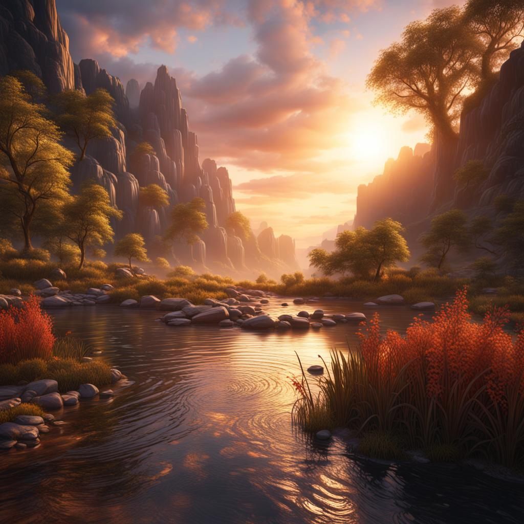 River with Leaping Fish at Sunrise: Fantasy Concept Art