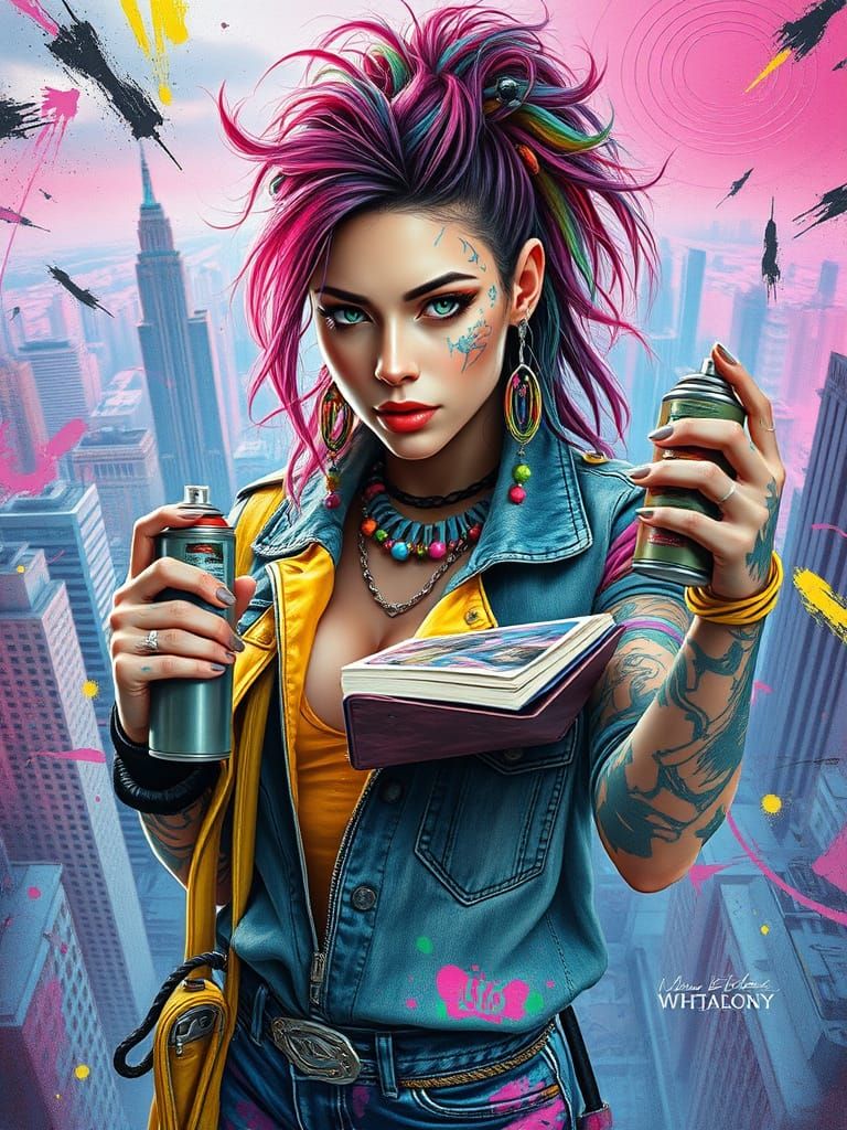 Vibrant Graffiti Artist Woman in Dynamic Pose