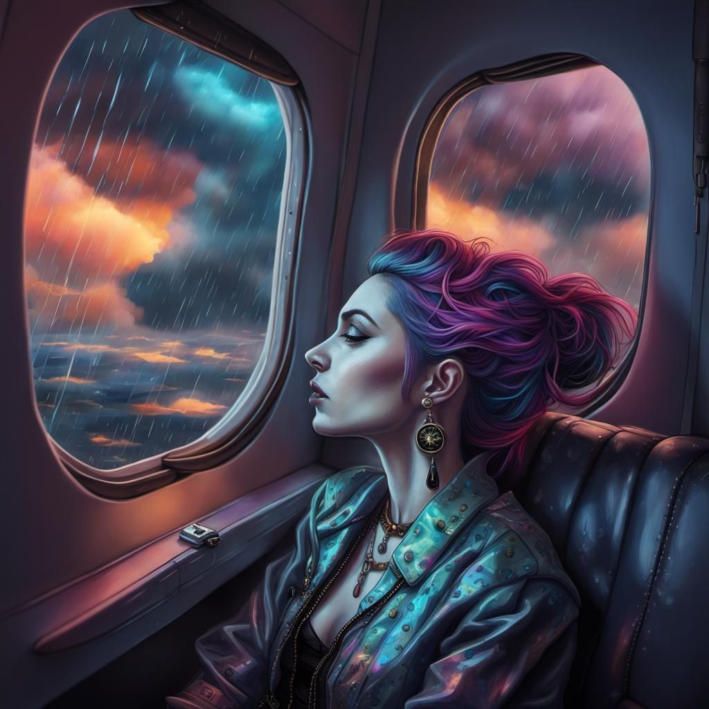 Goth Punk Woman on Plane, Astral Illustration