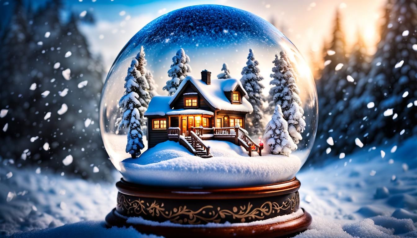 Snow Globe Riverside Scene in Hyperrealistic Style