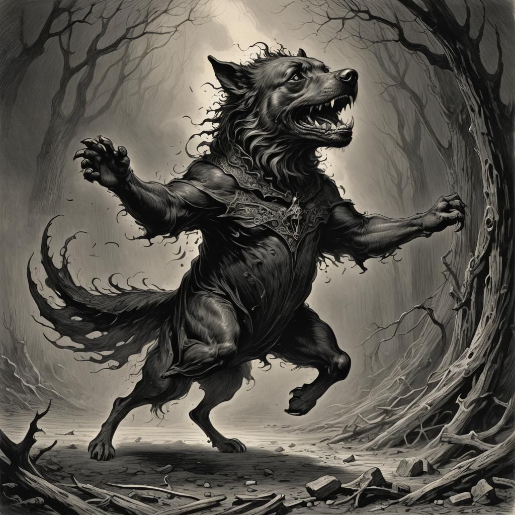 Dog Spinning: A Gothic Horror Illustration