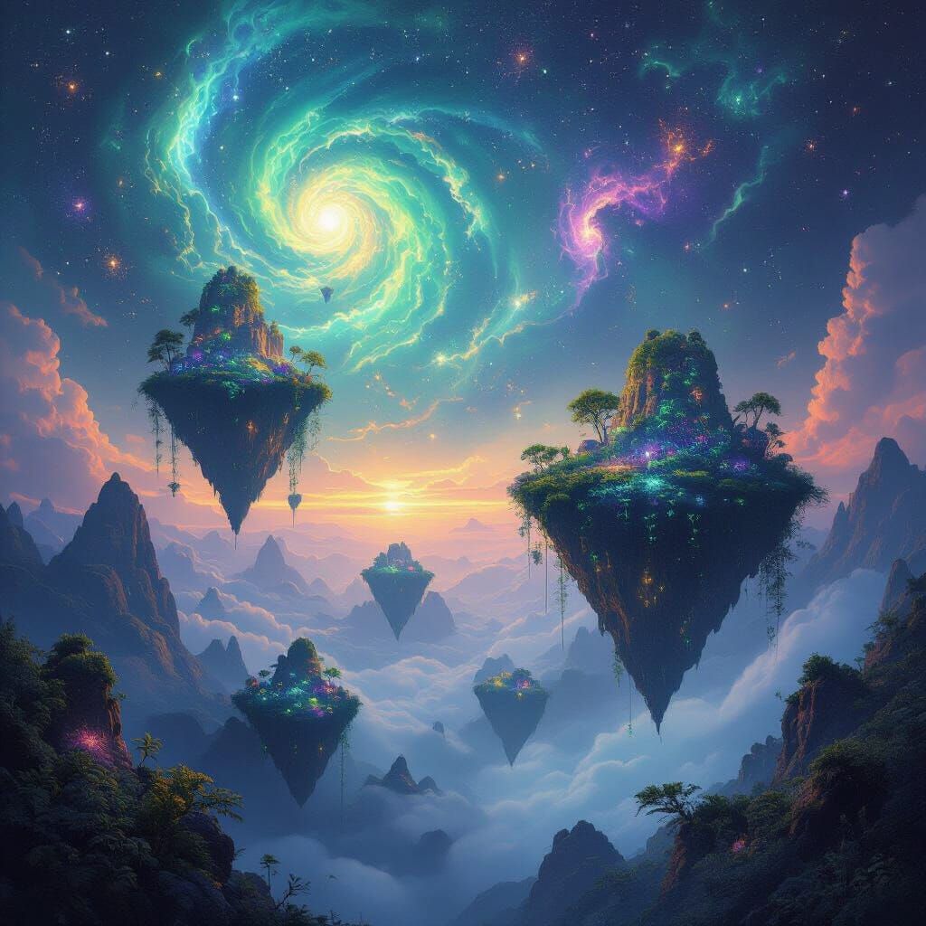 Ethereal Floating Islands in Nebula Sky Digital Painting