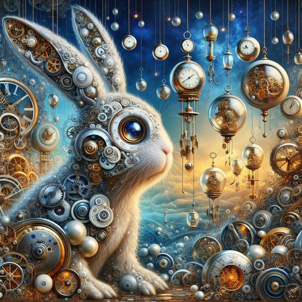 Clockwork Rabbit in Dreamlike Automaton Landscape
