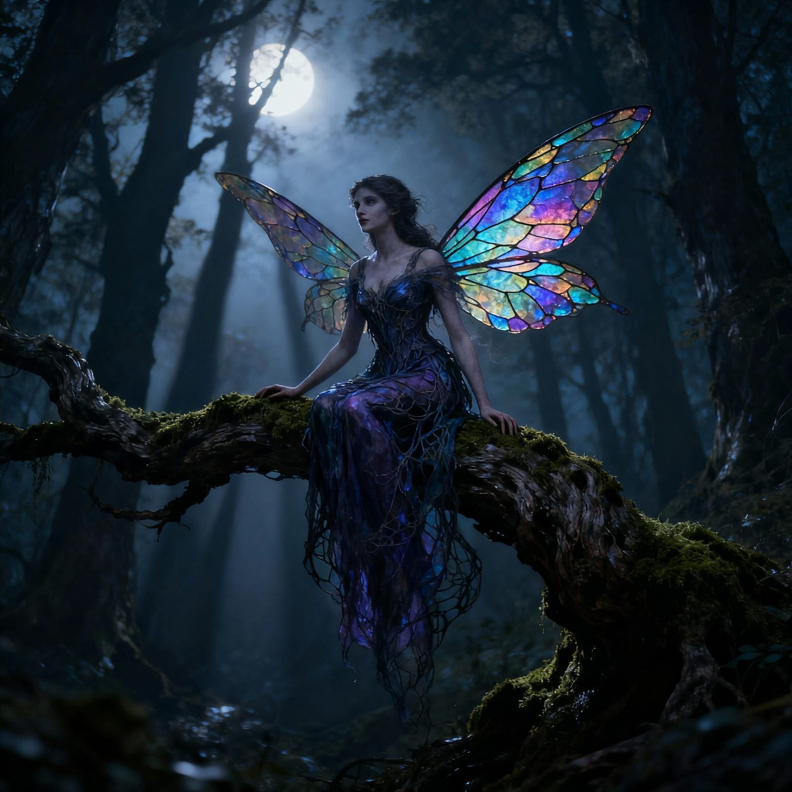 Ancient Fairy with Stained Glass Wings in Moonlight Forest