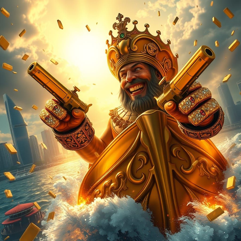 Golden Pirate Invasion of Singapore in a Cyberpunk Cityscape