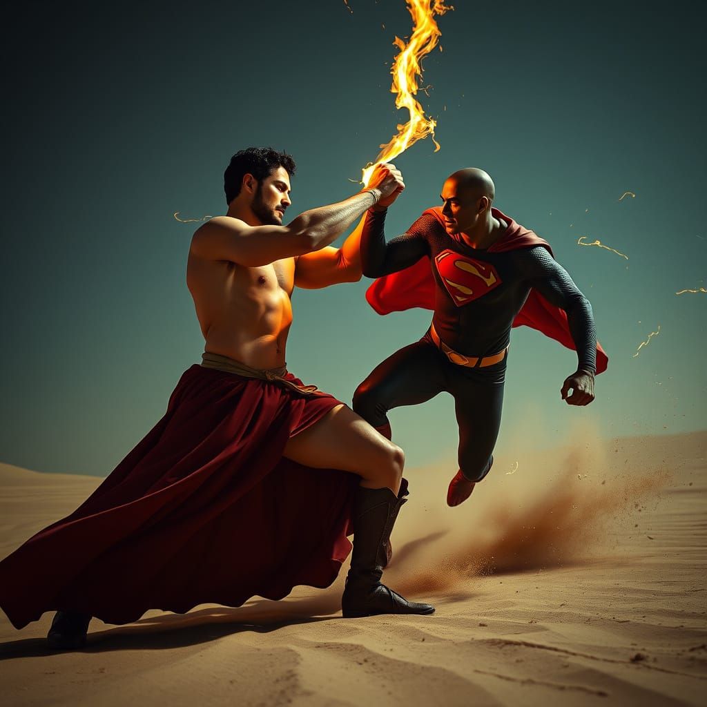 Hercules Superman Fights The Flash in Desert Landscape
