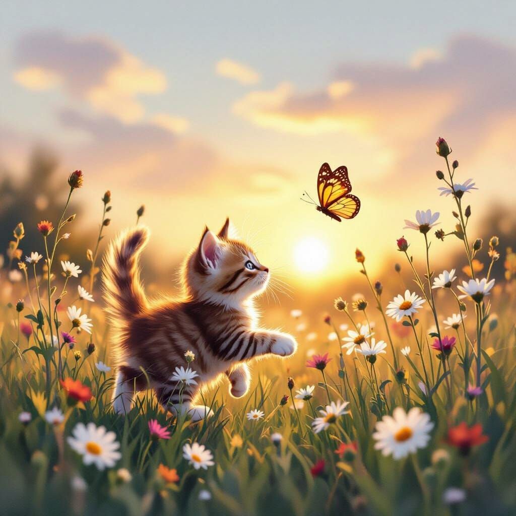 Kitten and Butterfly in Wildflower Field: Watercolor Art