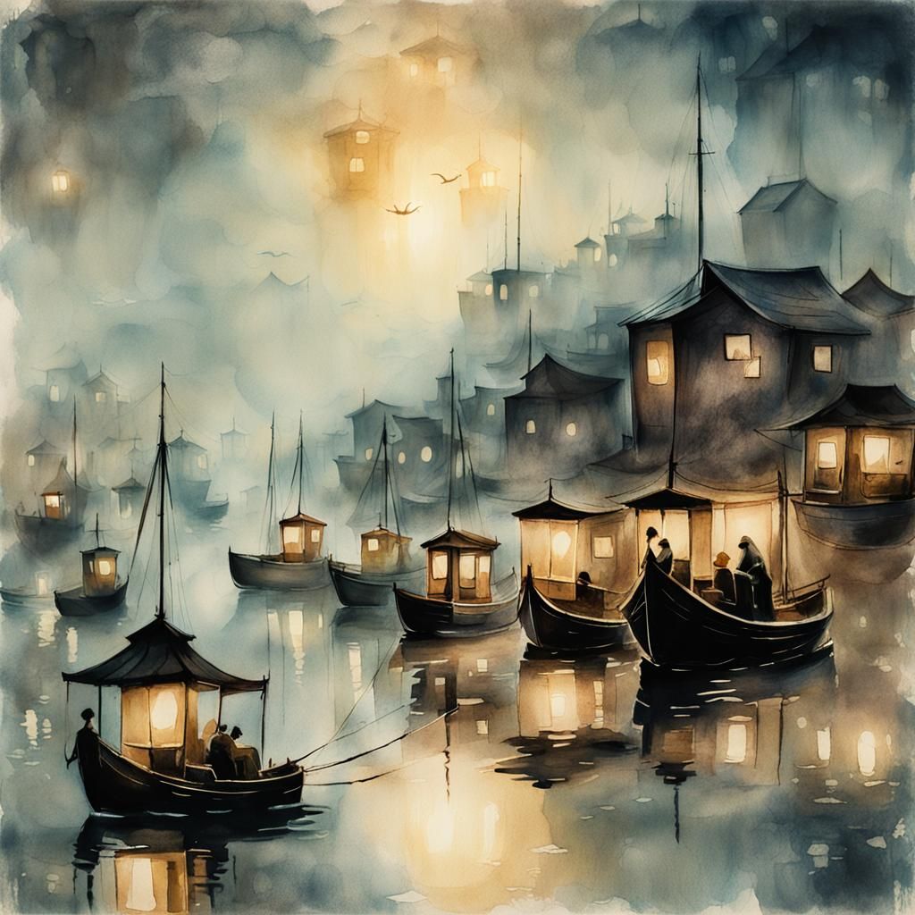 Misty Harbor Lantern Fleet in Atmospheric Ink Painting