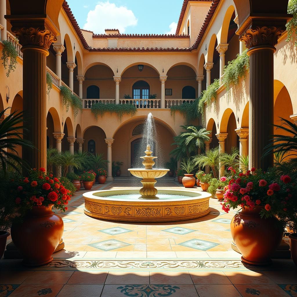 Resplendent Spanish Courtyard with Baroque Fountain